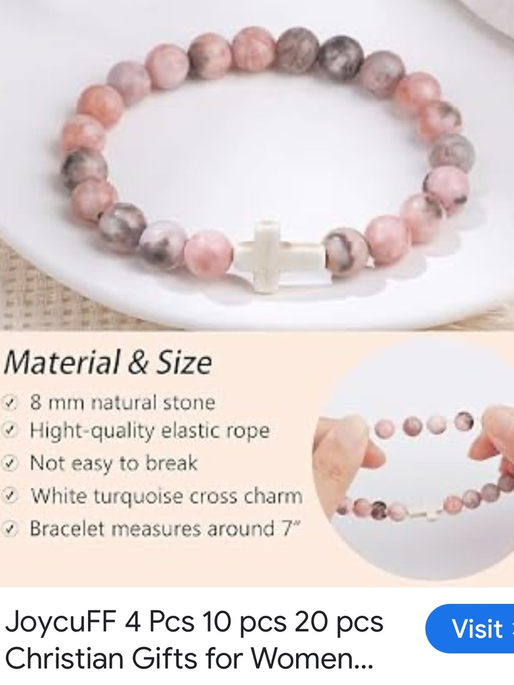 #2643**Pink and Gray Beaded Cross Stretch Bracelet - Picture 3 of 17